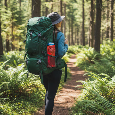 Femme dans sentier avec sac a dos avec gourde dans son sac