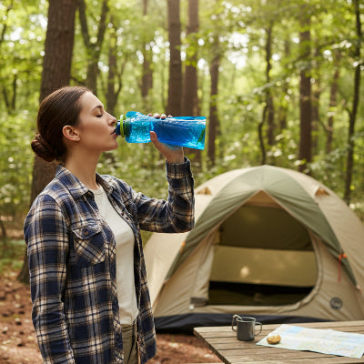 Femme dans un camping se désaltère avec gourde flexible bleu