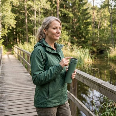 Femme dans un sentier avec Bouteille isotherme vert