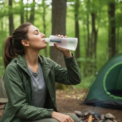 femme en camping avec gourde filtrante eau pure