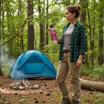 femme en camping avec gourde plastique 