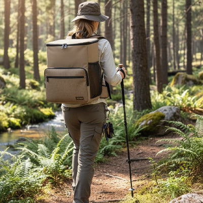 Femme en randonnée avec Sac à dos isotherme Beige