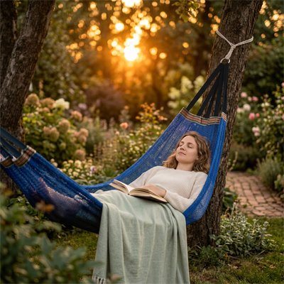 femme endormi dans Hamac suspendu bleu avec un livre