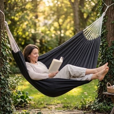 Femme étendu dans Hamac suspendu noir  avec livre