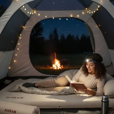 Femme fait lecture avec lampe frontale sur Matelas gonflable 2 personnes 