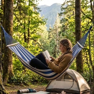 Femme fait lecture dans Hamac suspendu bleu 
