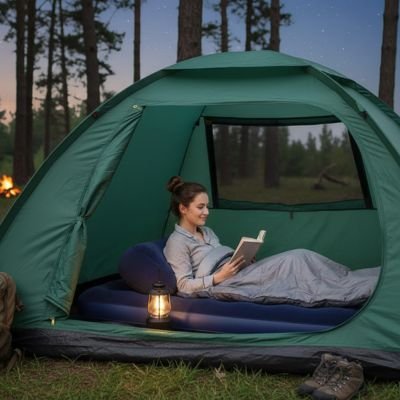Femme fait lecture sur Matelas gonflable 2 personnes 