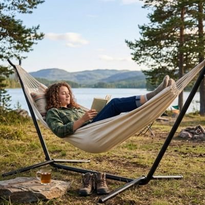 Femme lecture dans Hamac sur pied avec étendu d'eau 