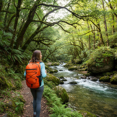 Femme longeant rivière avec sac a dos orange