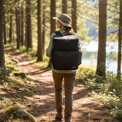 Femme longent rivière  avec Sac à dos isotherme  Noir