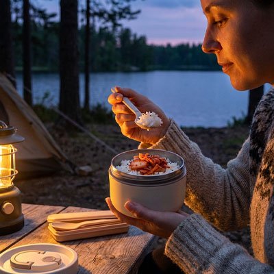 Femme mange chaud avec boite repas isotherme 