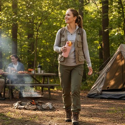 femme marche dans camping avec gourde isotherme EcoTemp en main  