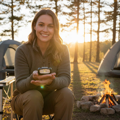 femme présente lampe frontale dans a main 