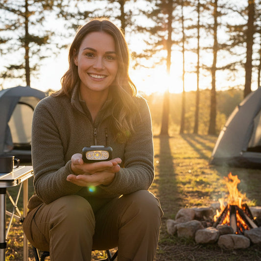 femme présente lampe frontale dans a main 