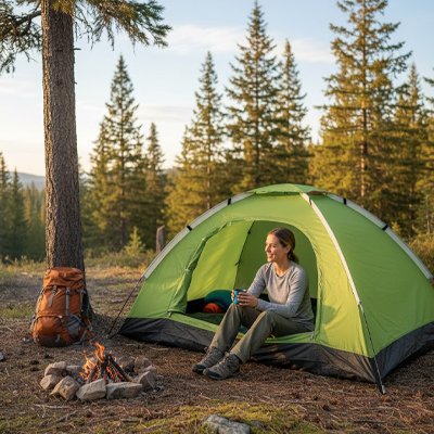  femme prend café dans Tente pour bivouac