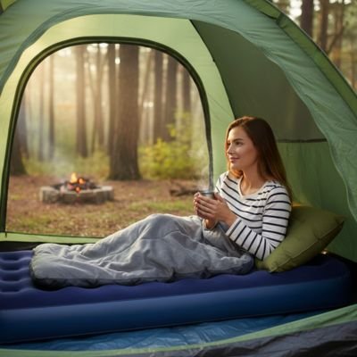 Femme prend son café sur Matelas gonflable 1 personne 