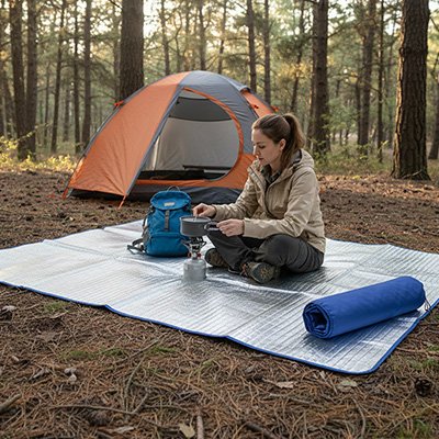 Femme prépare son café sur le tapis de sol pour camping