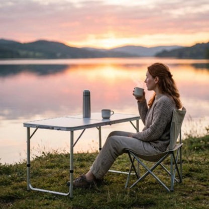 Femme près d'un lac avec une table de Camping 
