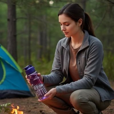 Femme près d'un feu avec gourde plastique violet 