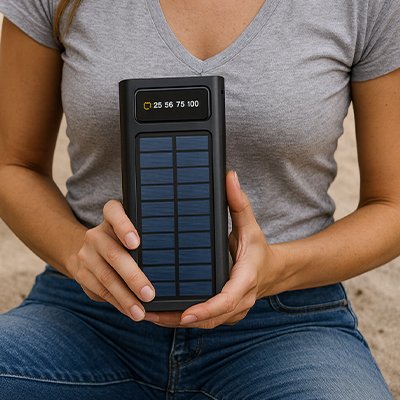 Femme présente sa Batterie externe solaire 