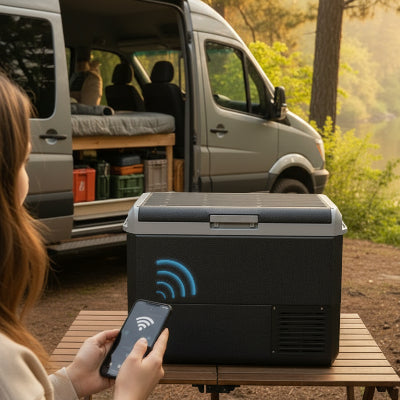 Femme règle la température de la glacière électrique 50L avec son appreil