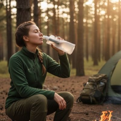 femme se desaltere avec gourde filtrante eau pure 