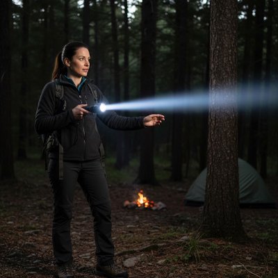 Femme se dirige la nuit avec Lampe de poche 
