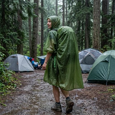 Femme se rend à sa tente avec son Poncho pluie 