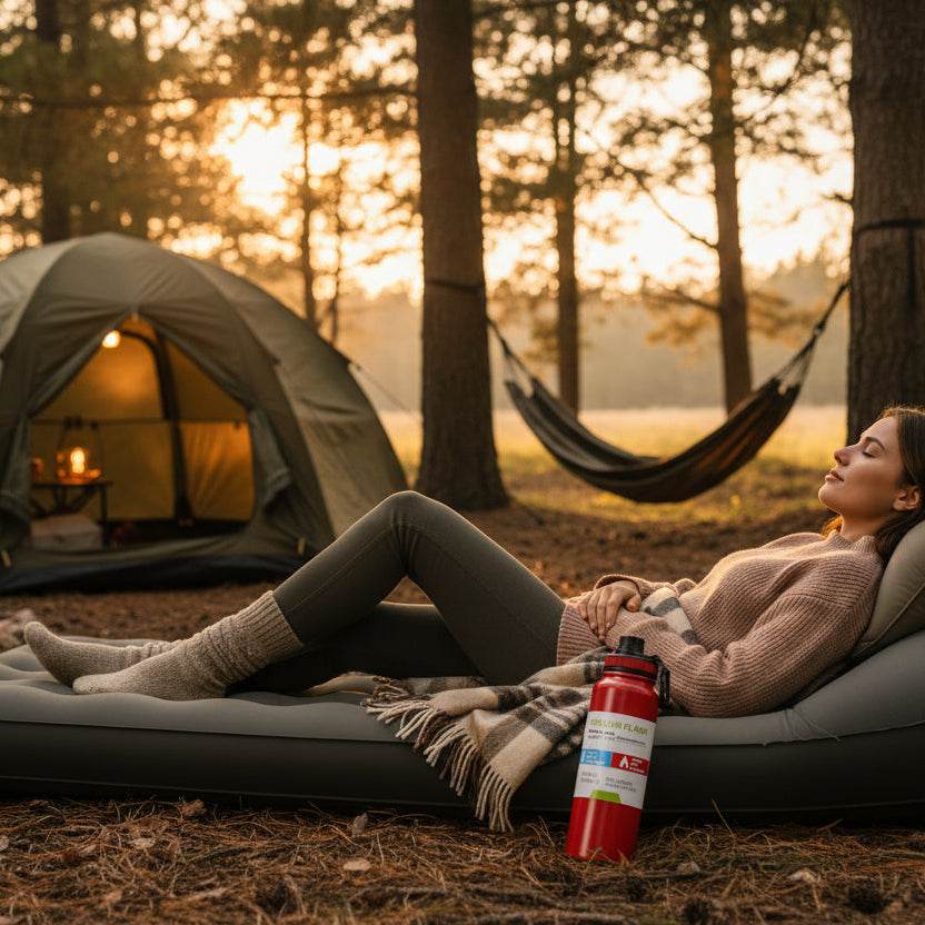 femme se reposant avec une gourde rouge près d'elle 