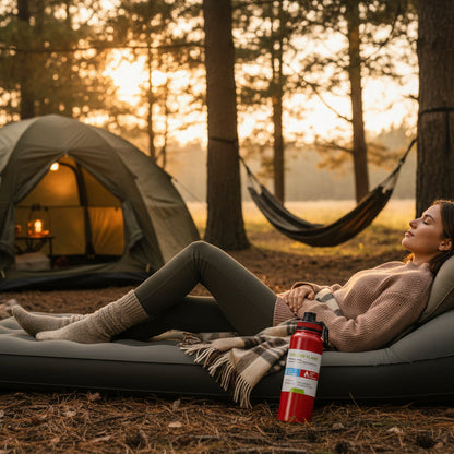 femme se reposant avec une gourde rouge près d'elle 
