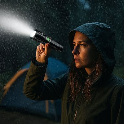 Femme s'éclaire sous la pluie avec Lampe de poche 