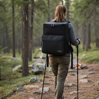 Femme sentier rocailleux avec Sac à dos isotherme Noir 