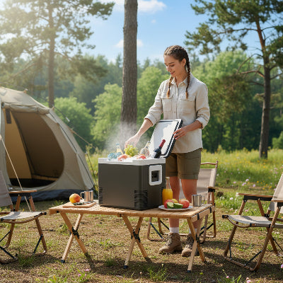 Femme sortant fruits de la Glacière pour le repas dans le campement