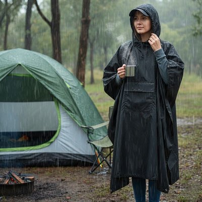 femme sous la pluie avec Poncho pluie et son café