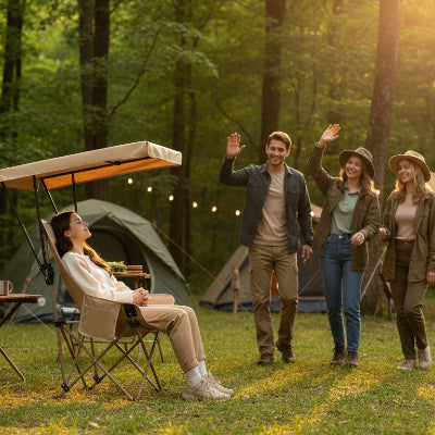 Femme sur chaise de camping avec parasol amis allant vers elle 