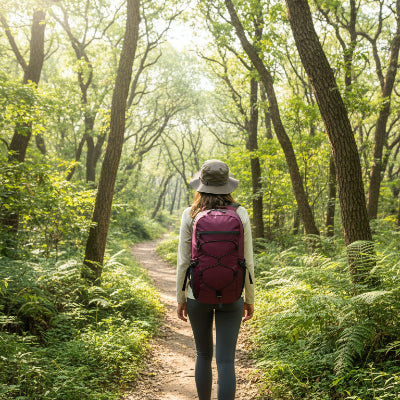 Femme sur sentier forestier avec sac a dos pourpre