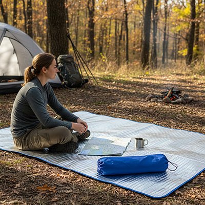 Femme sur tapis de sol pour camping imaginant sa journée 