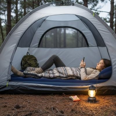 Femme vérifie ses courriel sur Matelas gonflable 1 personne 
