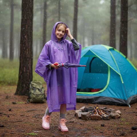 Fille tenant un parapluie dans son Poncho pluie 