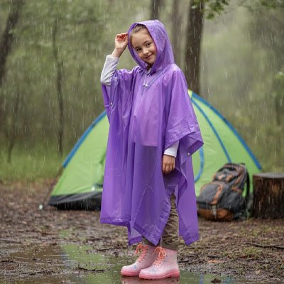 Fillette au camping avec Poncho pluie Violet 