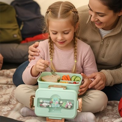 fillette prend son repas avec Lunch box enfant pratique et ludique