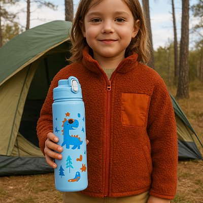 fillette presente gourde enfant isotherme devant la tente