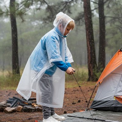 Garçon avec Poncho pluie blanc sur tapis de sol 