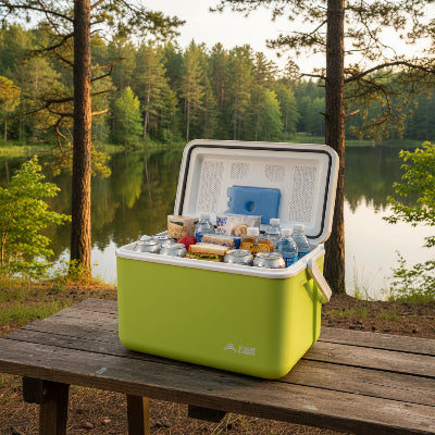 Glaciere 15 L ouverte rempli de nourriture sur table de camping