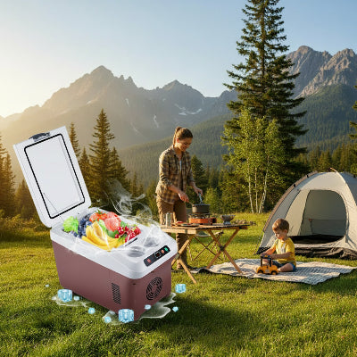 Glacière 15L dans camping montagneux et femme prépare repas pour l'enfant