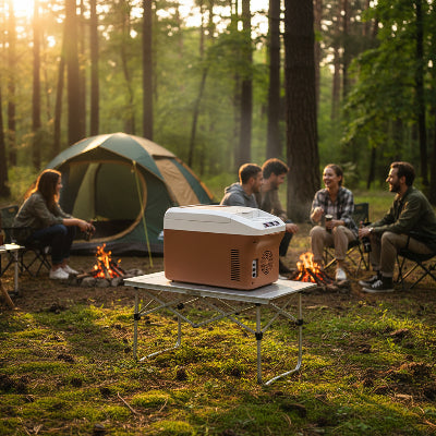 Glacière 15L sur table dans un camping forestier
