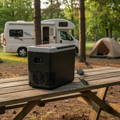 Glacière avec fil de raccordement sur table dans un camping