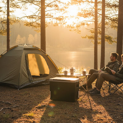 Glacière dans campement près du couple 