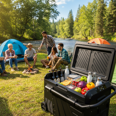 Glacière électrique dans un camping près d'une rivière avec des personnes