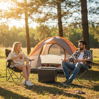 Glacière entre deux chaises avec couple dans un camping